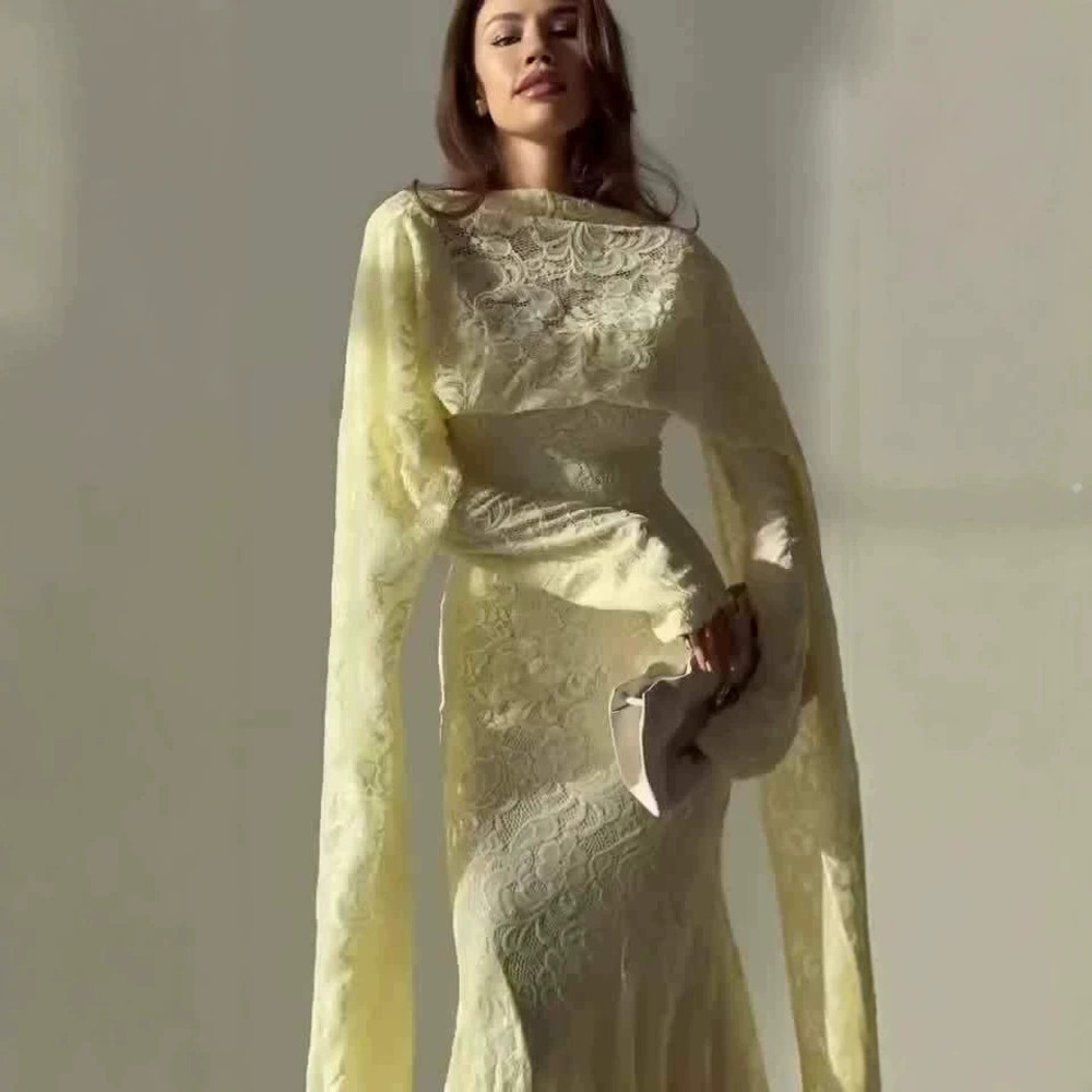 Forever 21 Light Yellow French Style Maxi Dress Set with Shawl for Fall Slim-Fit